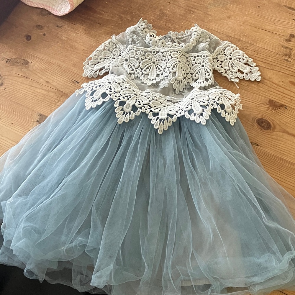 Girls Lace Bodice Tulle Dress in Dusty Blue and Cream